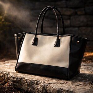 Jaeger Two-Tone Cream & Black Patent Tote Bag – Braided Handles 🖤🤍👜